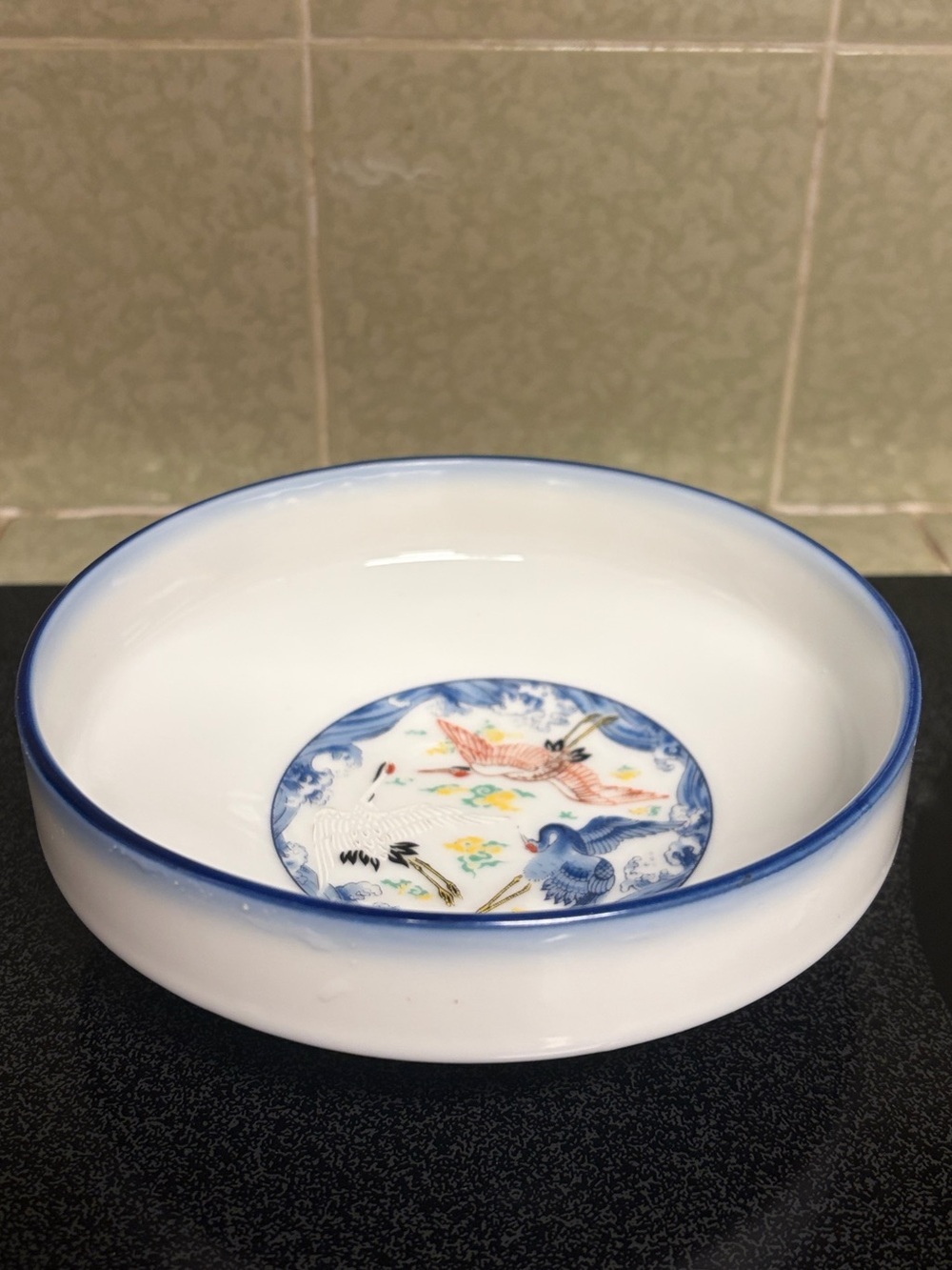 Porcelain Crane Motif Decorative Bowl in Blue and White